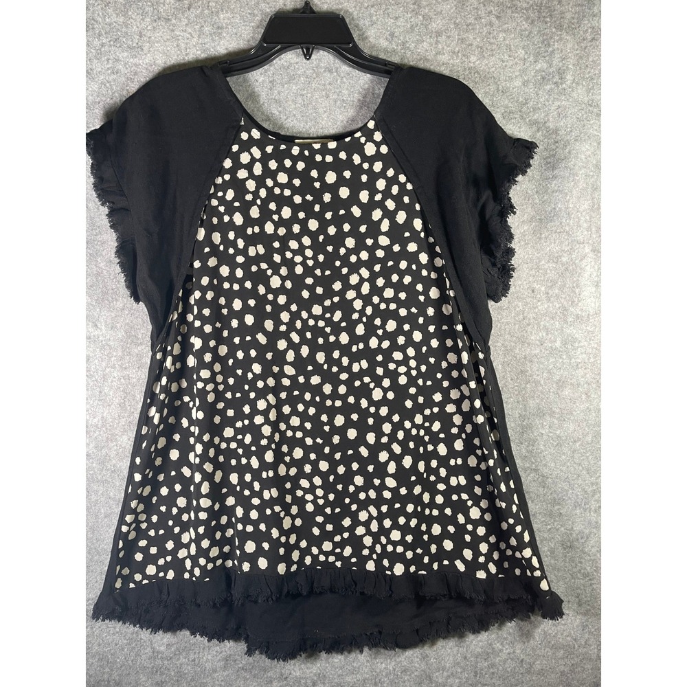 Umgee USA Womens Small Black Polka Dot‎ Mixed Media Frayed Hem Blouse Top